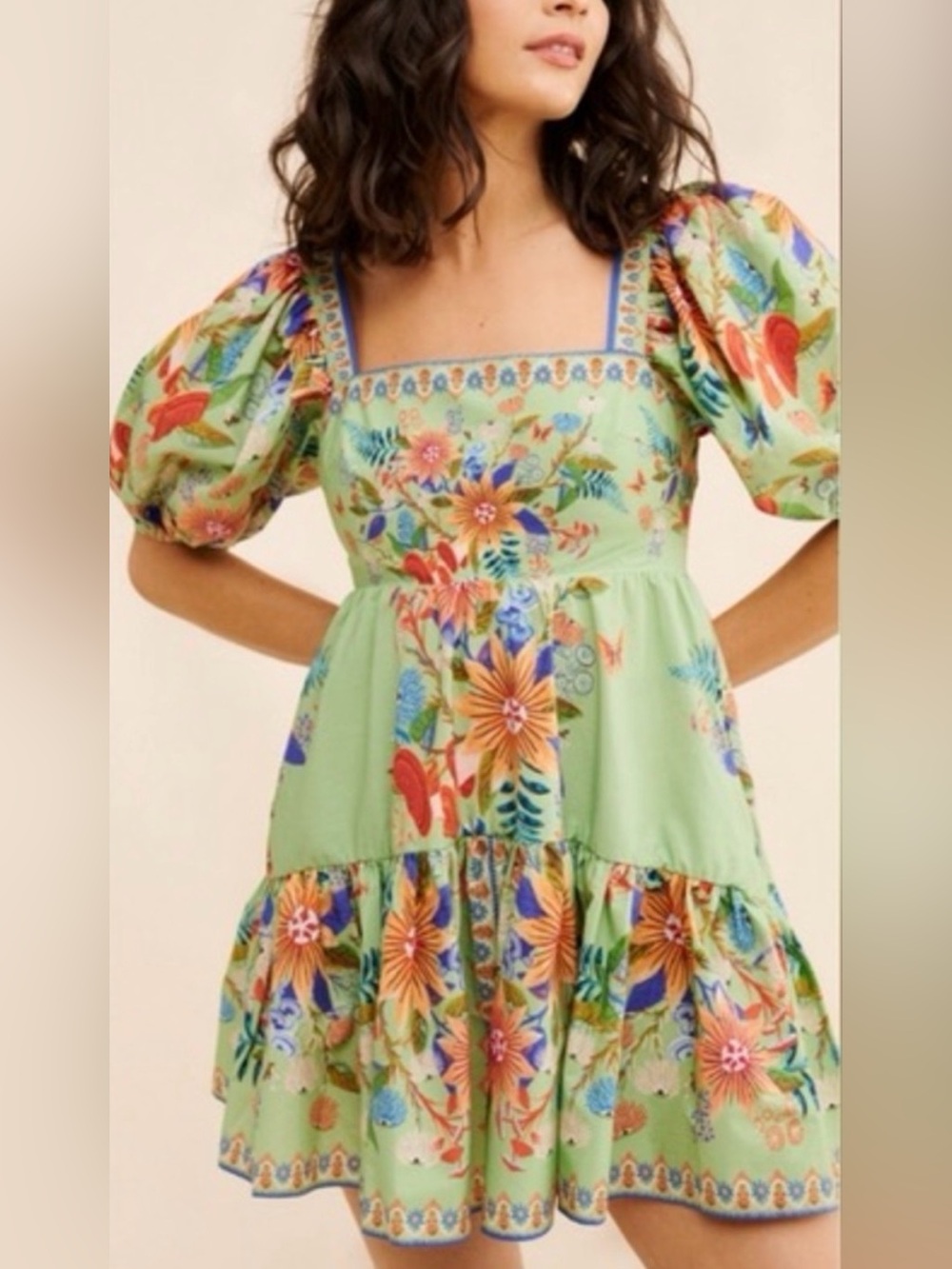 Farm Rio Bright Yard Green Floral Bee Mushroom Puff Sleeve Mini Dress XS